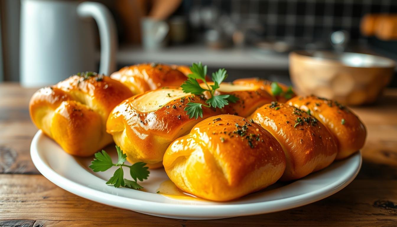 A warm, golden tray of Hawaiian Roll Garlic Bread, with soft, fluffy rolls generously coated in garlic butter and sprinkled with fresh herbs.
