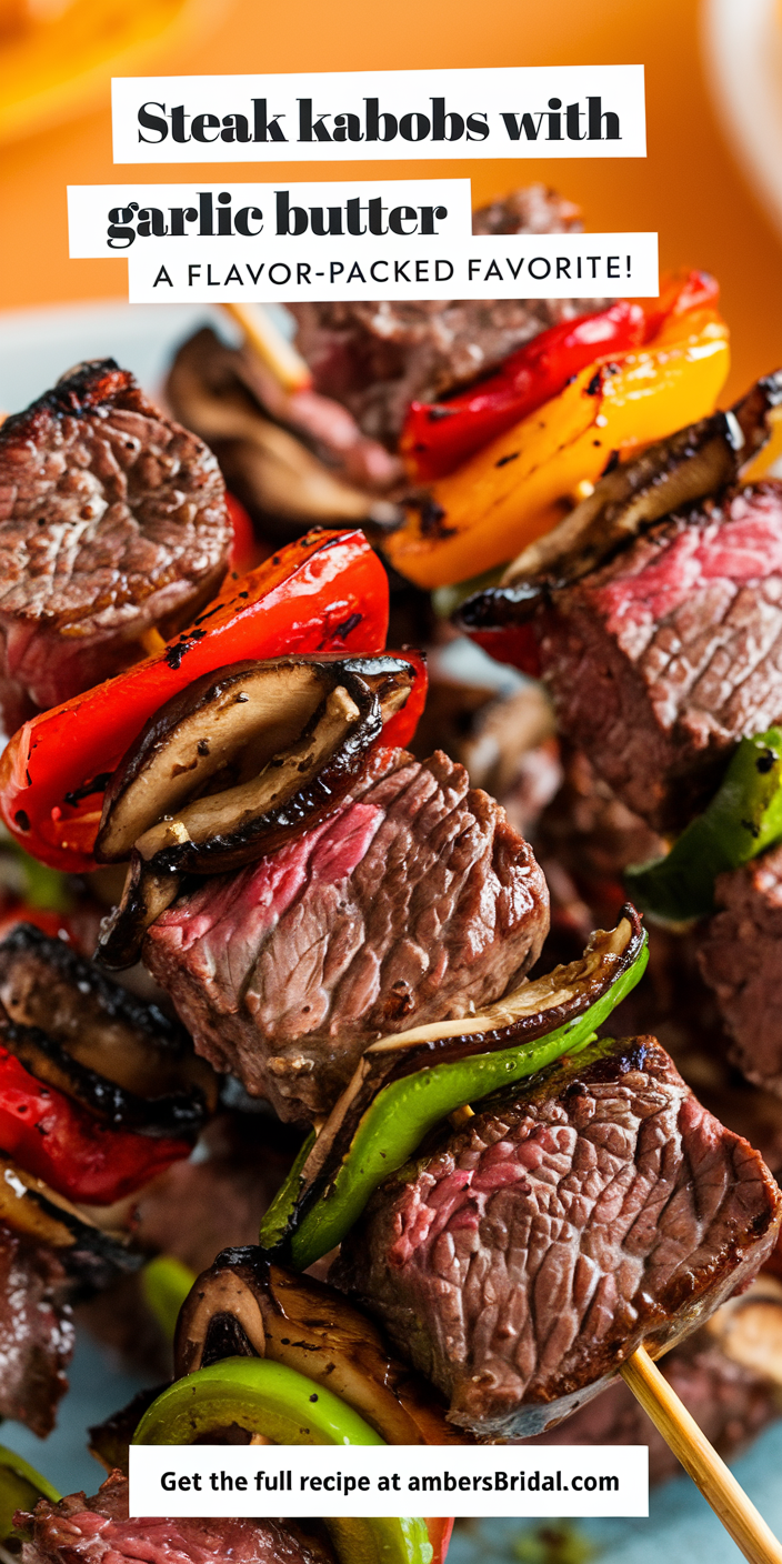 Juicy steak kabobs with garlic butter recipe served on skewers alongside grilled vegetables.