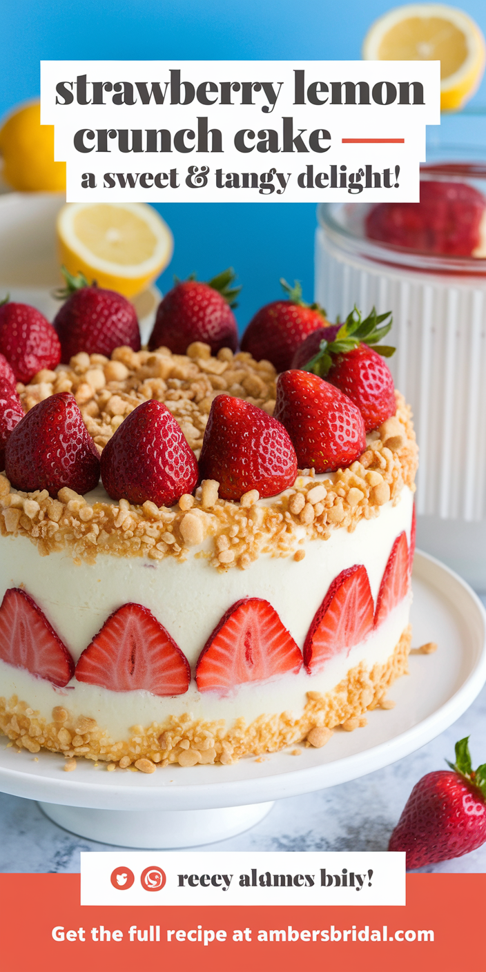 Close-up of strawberry lemon crunch cake showcasing layers of moist cake, strawberries, and a crispy streusel topping.