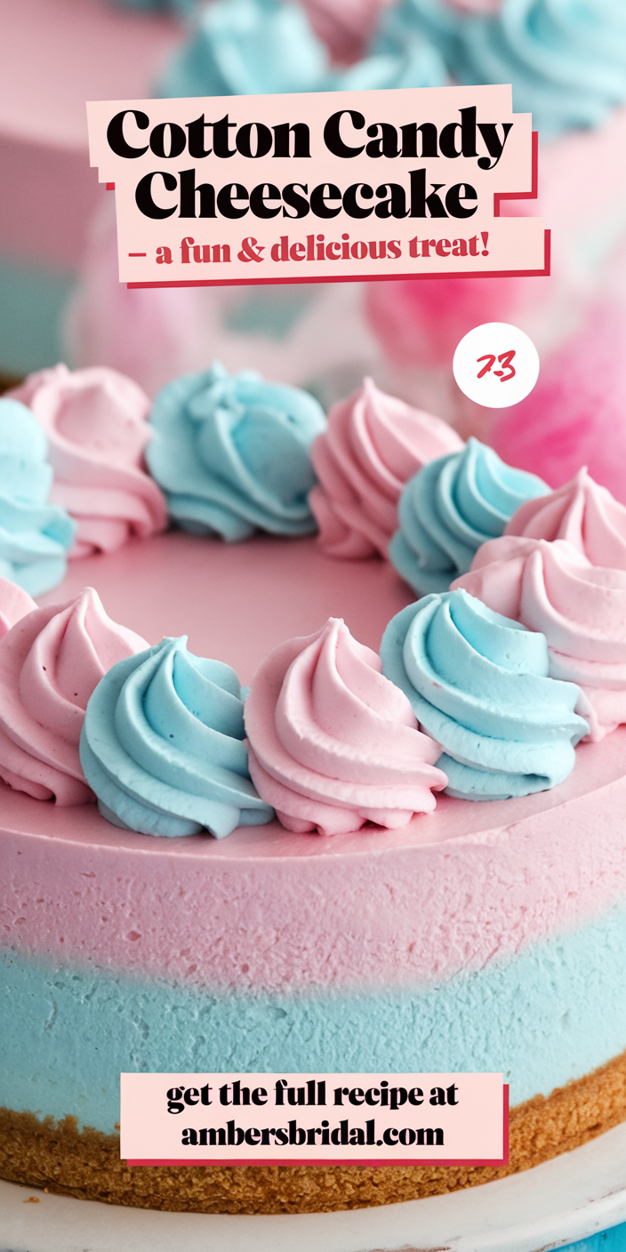 Close-up of cotton candy cheesecake showcasing its creamy texture and vibrant pink cotton candy garnish