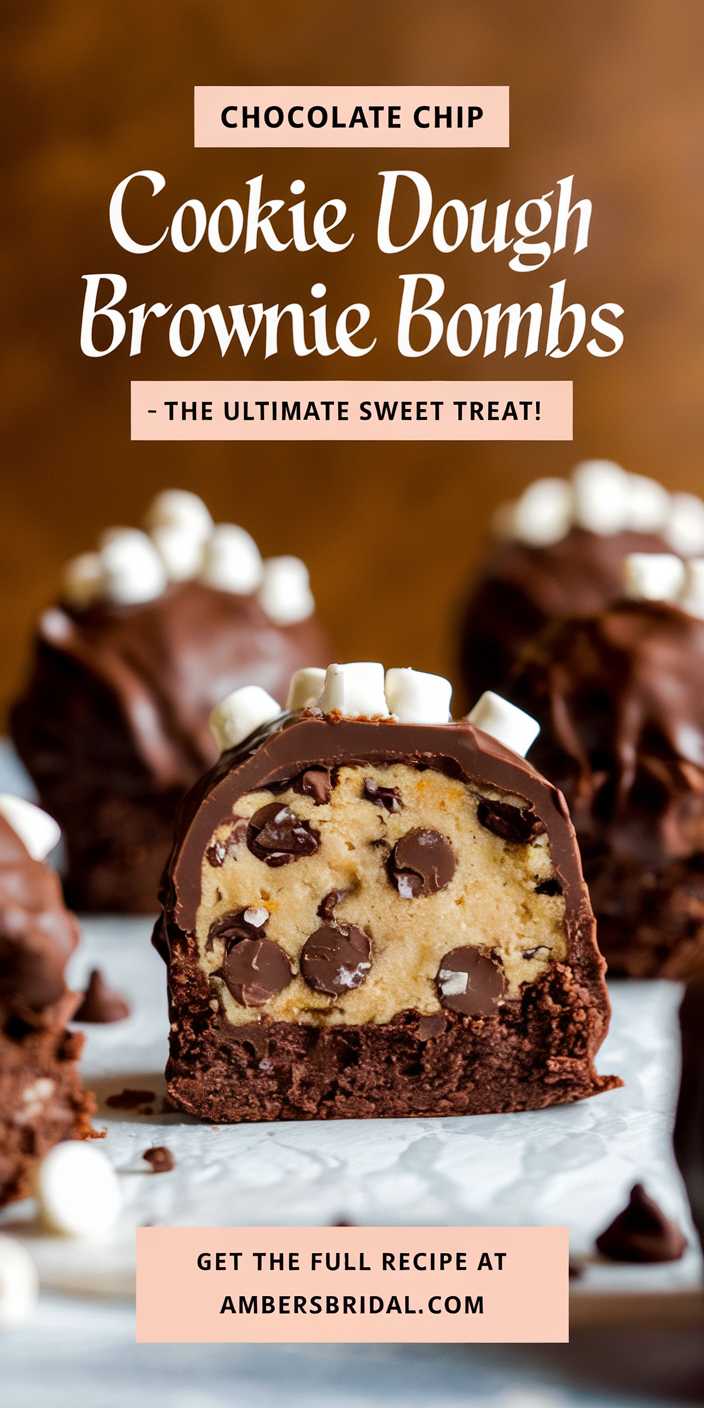 Close-up of gooey chocolate chip cookie dough brownie bombs with a rich, fudgy center and crispy chocolate exterior.