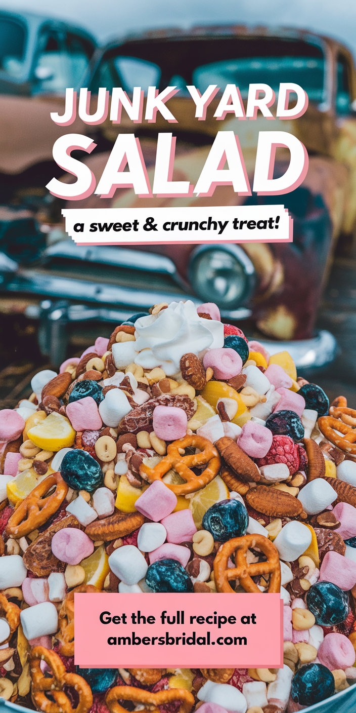 Delicious Junk Yard Salad served in a large bowl, topped with grilled chicken and shredded cheese.