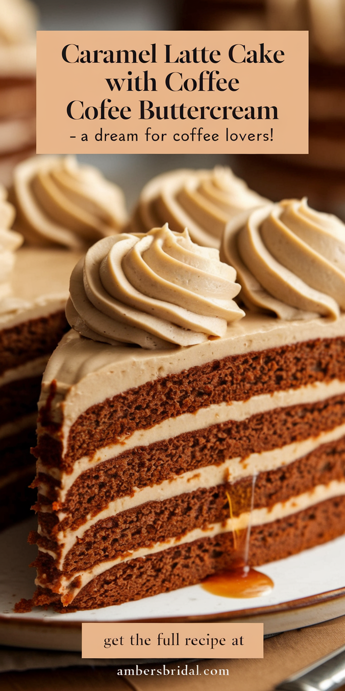 Close-up of caramel latte cake with creamy coffee buttercream showcasing its rich caramel swirls.