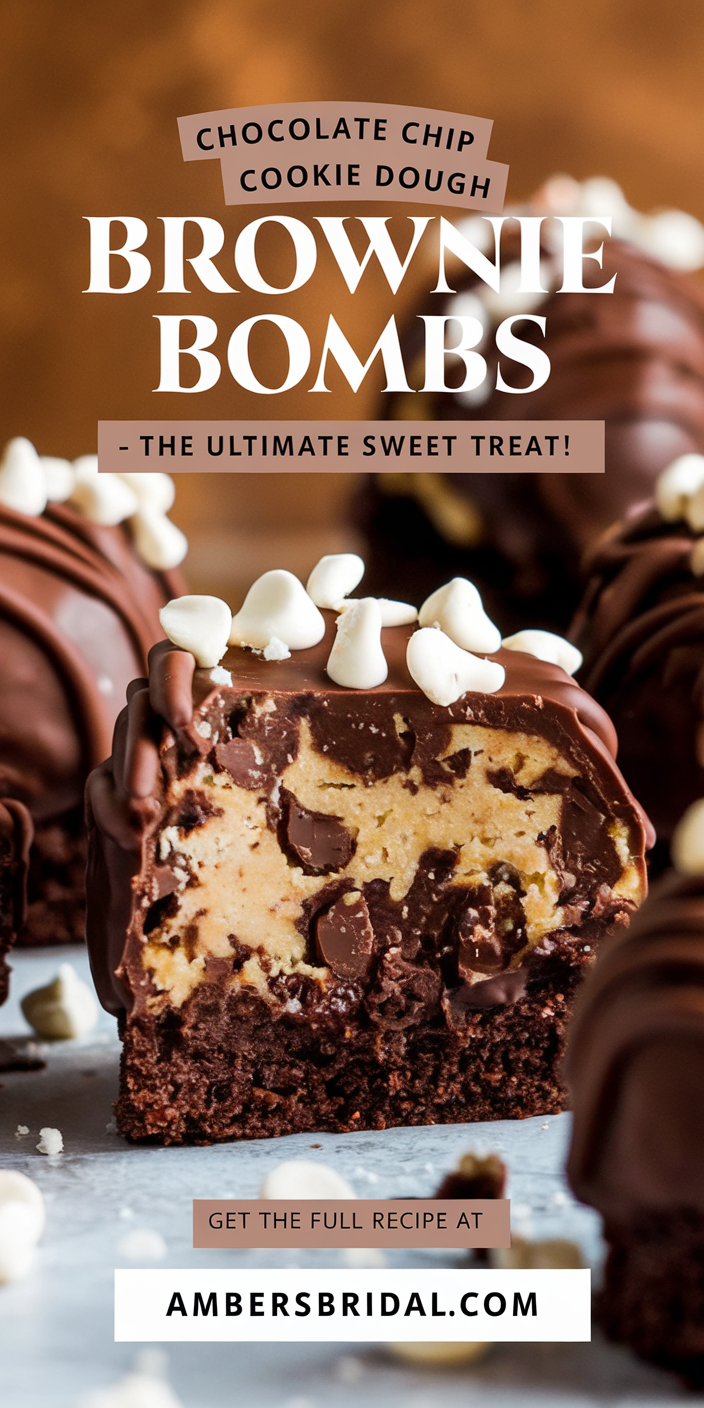 Chewy chocolate chip cookie dough brownie bombs rolled in powdered sugar for an extra touch of sweetness.