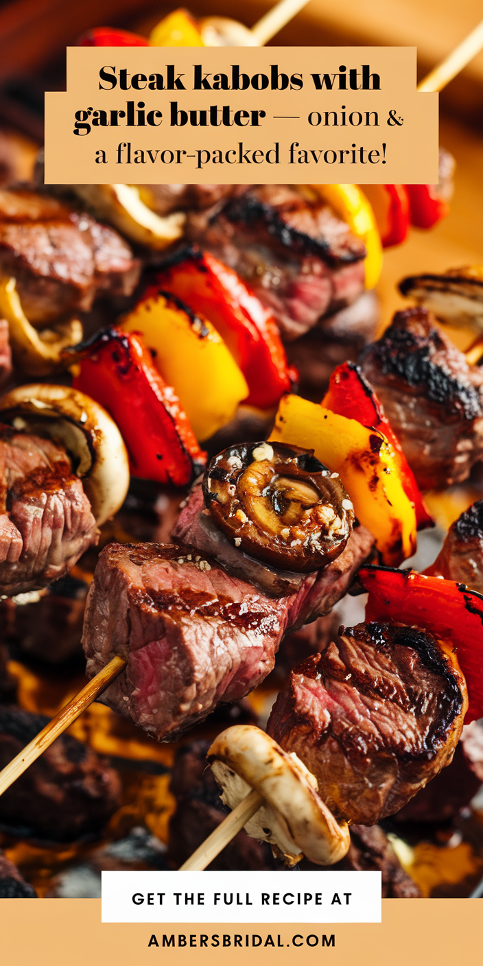 Close-up of steak kabobs with garlic butter recipe showcasing tender meat and melted butter drizzles.