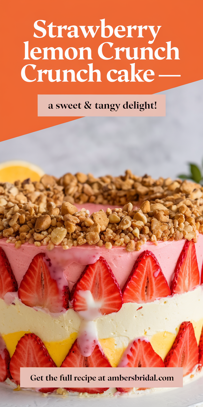 Homemade strawberry lemon crunch cake served on a white plate with a side of whipped cream.