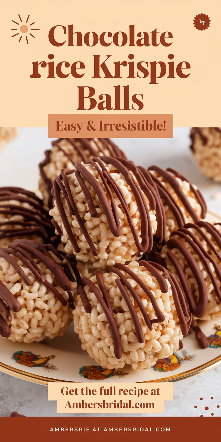 Homemade chocolate rice Krispie balls arranged on a festive platter with chocolate drizzle.