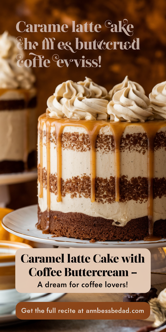 Homemade caramel latte cake with coffee buttercream topped with a drizzle of caramel sauce and coffee beans.