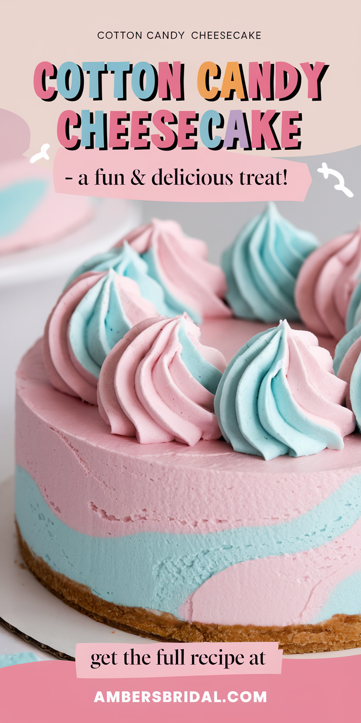 Homemade cotton candy cheesecake served on a decorative plate with a drizzle of raspberry sauce.