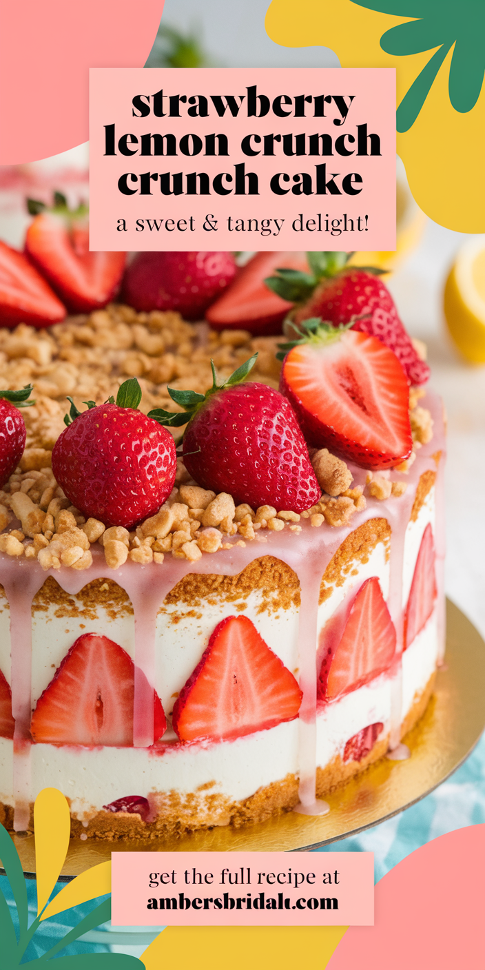 Vibrant strawberry lemon crunch cake garnished with lemon slices and fresh mint leaves for an elegant presentation.