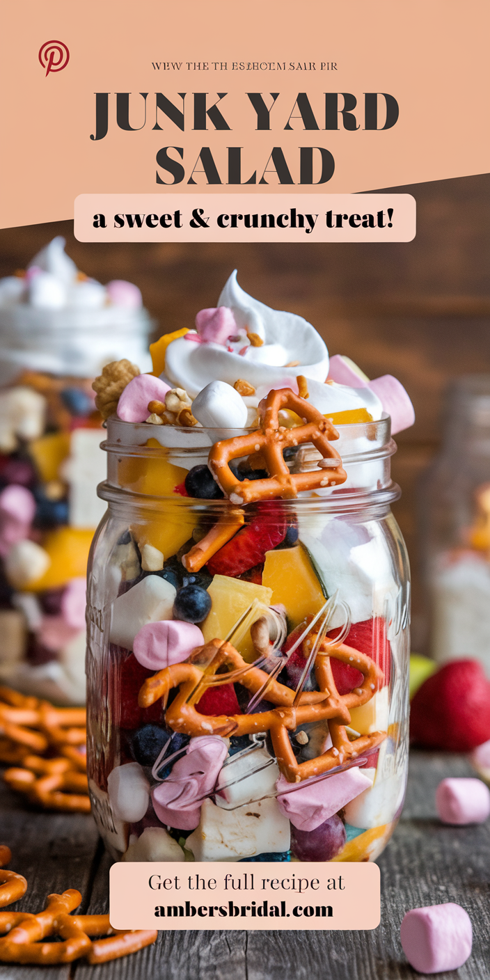 Rustic Junk Yard Salad arranged on a wooden table with avocado slices and toasted nuts