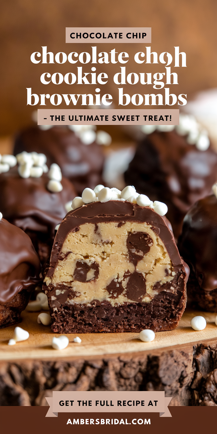 Rustic chocolate chip cookie dough brownie bombs served on a wooden board with a side of cookie dough dip.