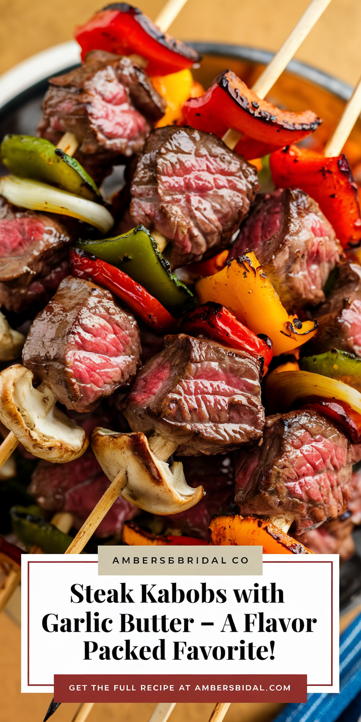 Delicious steak kabobs with garlic butter garnished with fresh parsley and served with rice