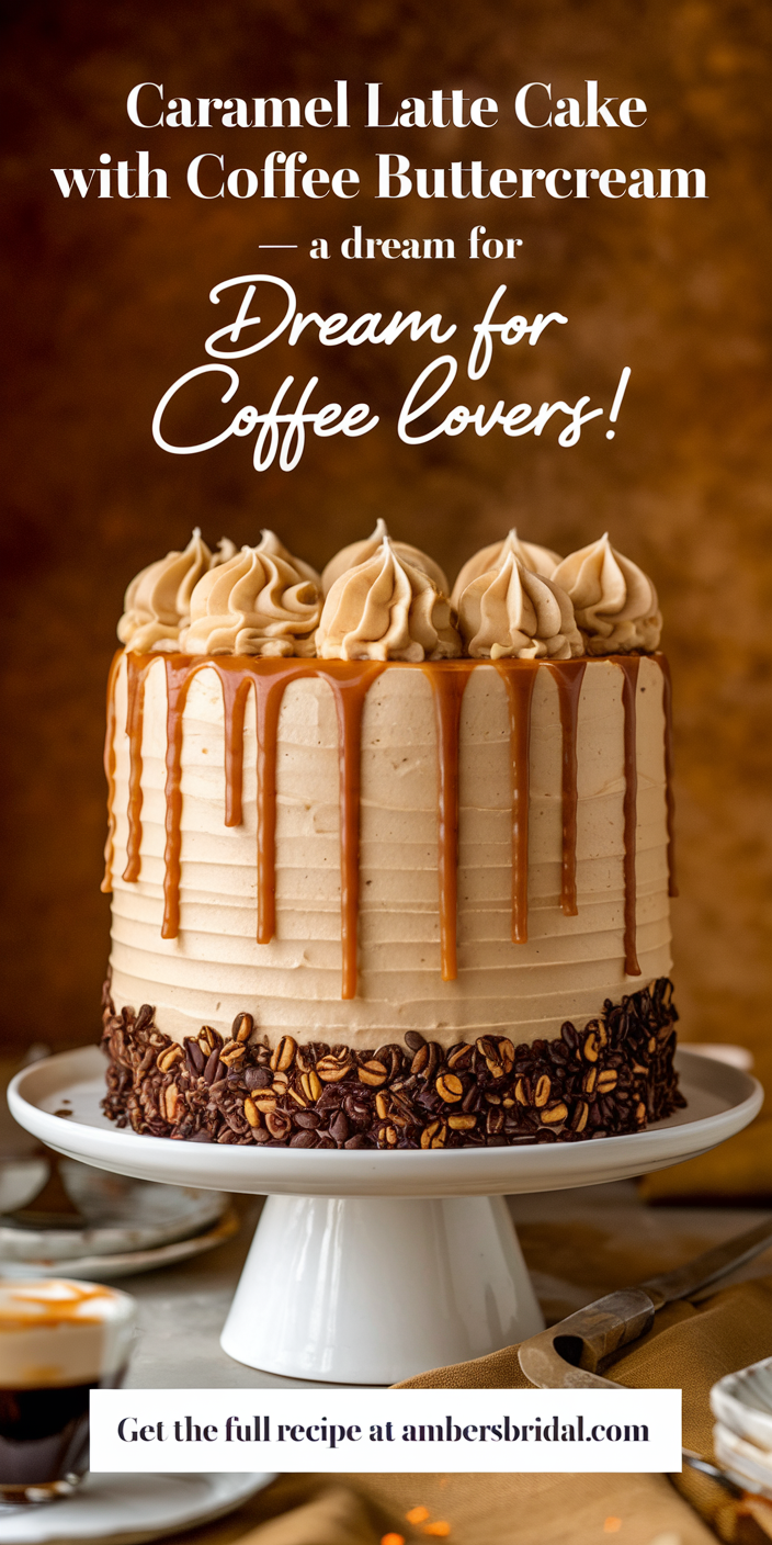 Elegant caramel latte cake with smooth coffee buttercream frosting adorned with caramel shards.