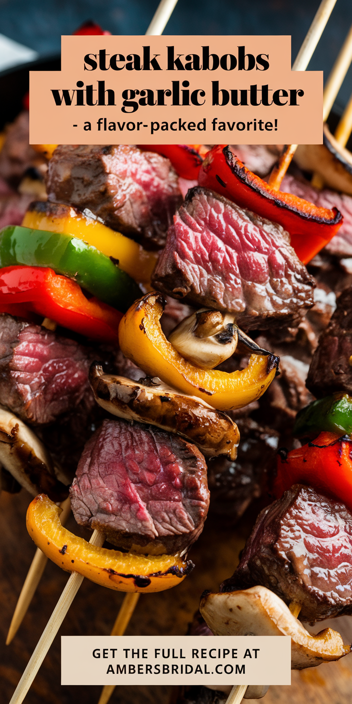 Homemade steak kabobs with garlic butter cooked on a grill with charred edges