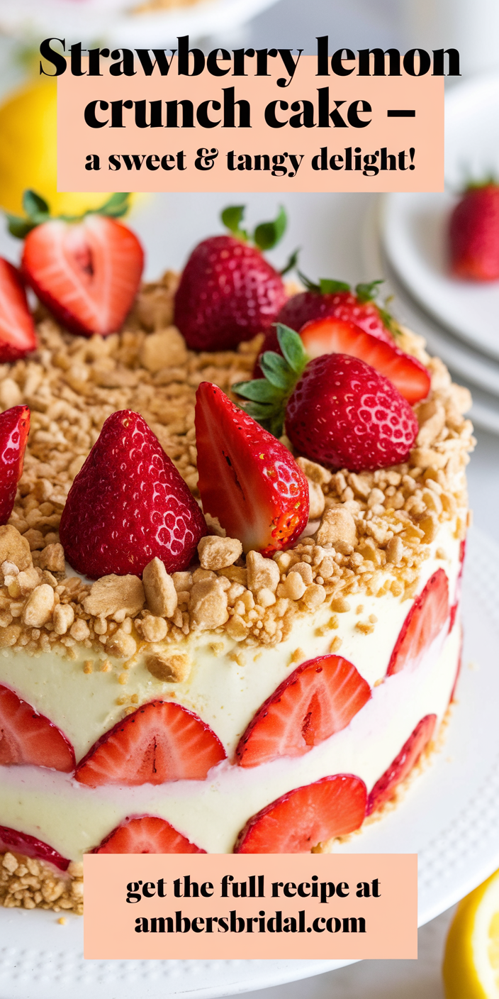 Rustic strawberry lemon crunch cake baked to perfection with a golden-brown crunchy topping.