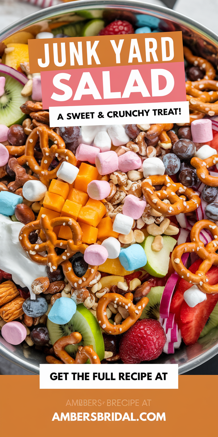 Close-up of Junk Yard Salad showcasing a mix of lettuce, cherry tomatoes, cucumbers, and crunchy croutons.