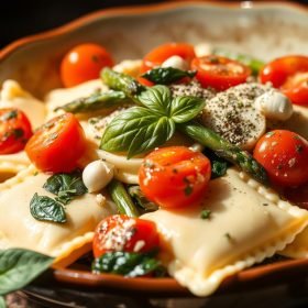 Ravioli with Tomatoes Asparagus Garlic and Herbs