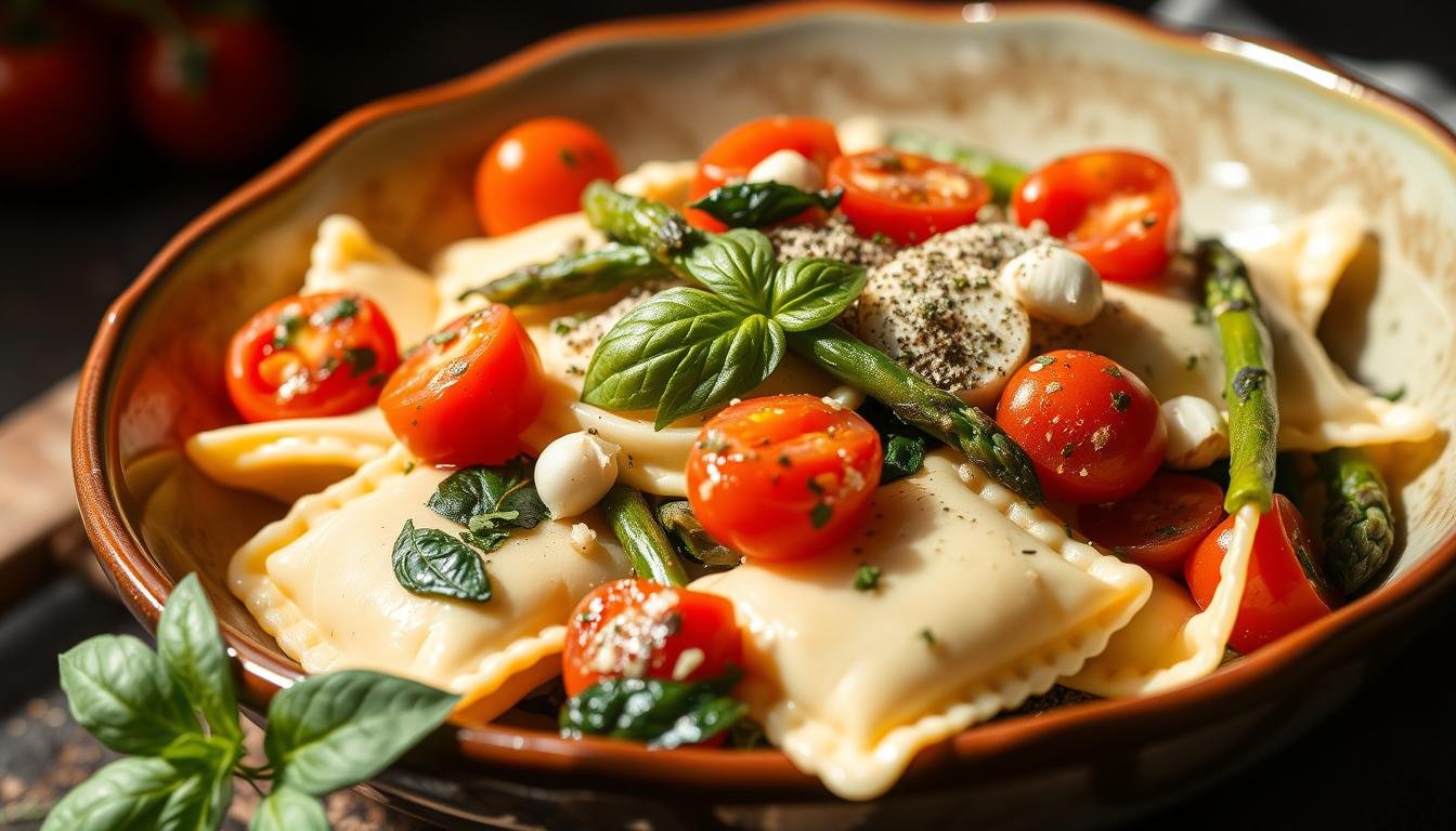 Ravioli with Tomatoes Asparagus Garlic and Herbs
