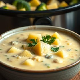 A steaming bowl of Crockpot Potato Broccoli Cheddar Soup, with creamy texture, chunks of potatoes, and vibrant broccoli, topped with shredded cheddar cheese.
