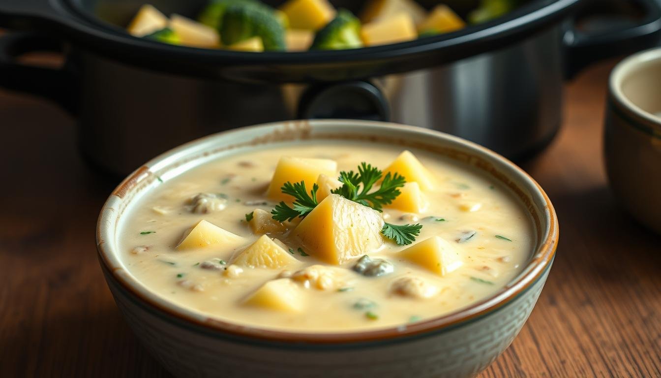 A steaming bowl of Crockpot Potato Broccoli Cheddar Soup, with creamy texture, chunks of potatoes, and vibrant broccoli, topped with shredded cheddar cheese.