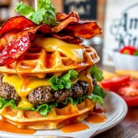 mouthwatering Maple Bacon Waffle Burger Recipe that combines sweet and savory flavors