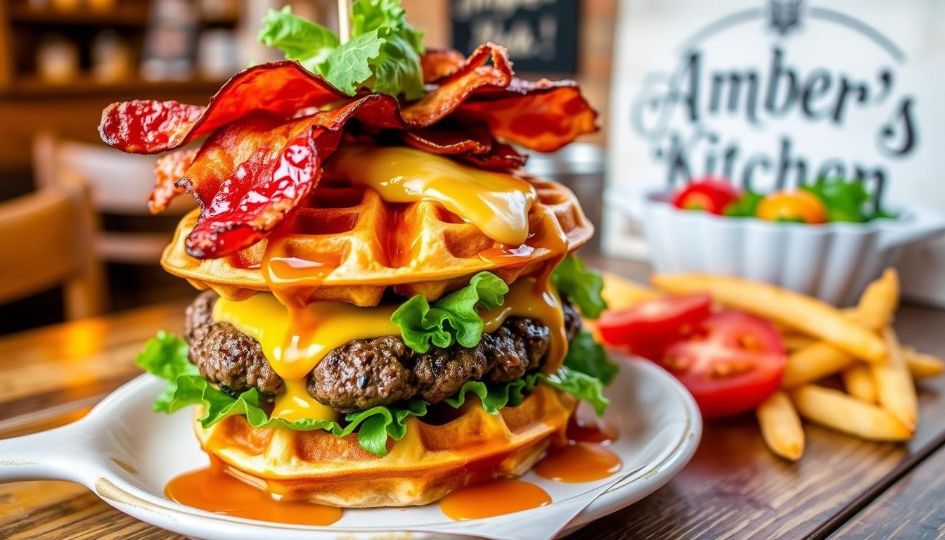 mouthwatering Maple Bacon Waffle Burger Recipe that combines sweet and savory flavors