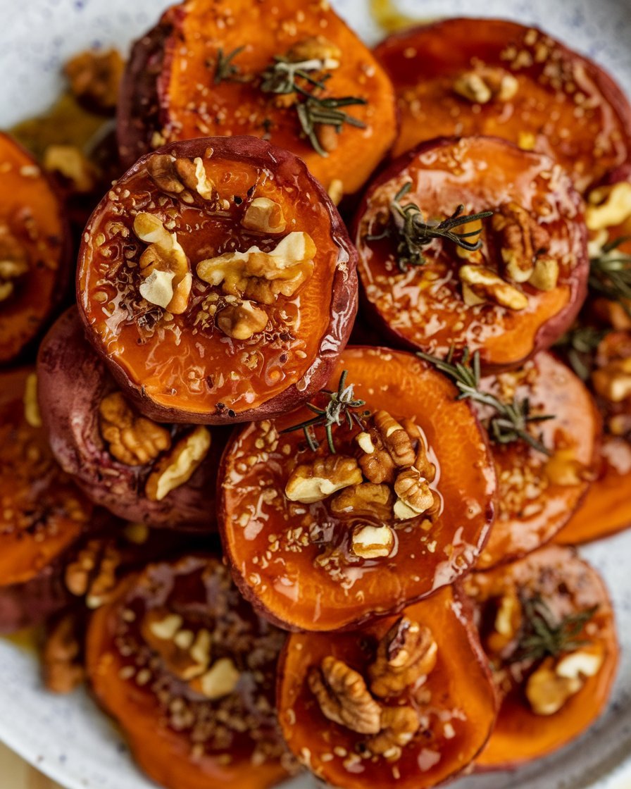 Hearty walnut maple roasted sweet potatoes served on a rustic wooden platter with a drizzle of maple syrup