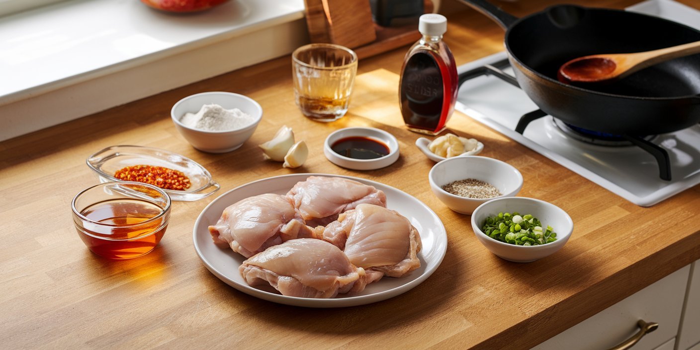 Close-up of honey garlic chicken glazed with a sticky, caramelized sauce and garnished with sesame seeds.