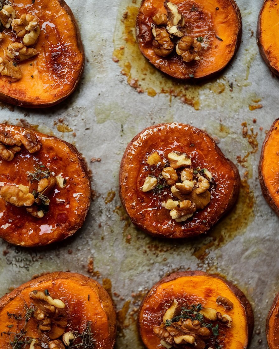 Golden-brown walnut maple roasted sweet potatoes with a sticky maple glaze and toasted walnuts