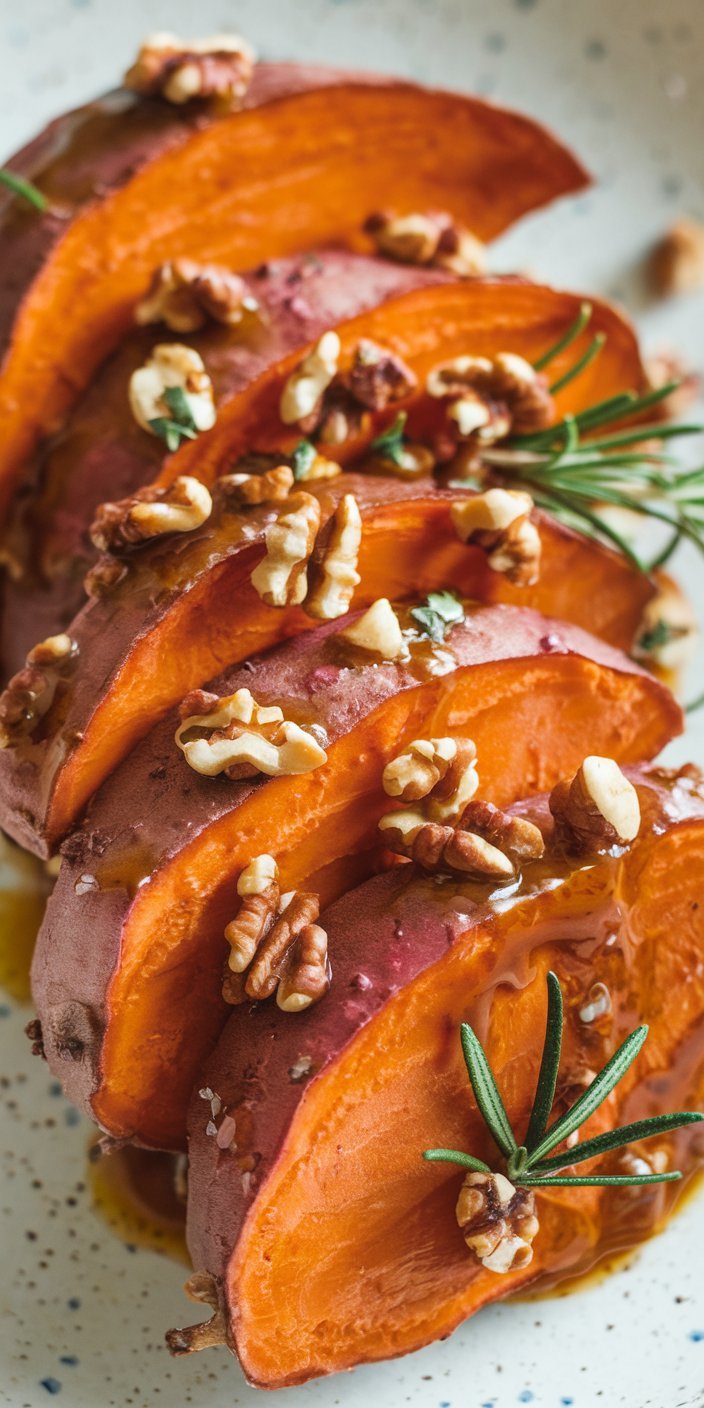 Delicious walnut maple roasted sweet potatoes seasoned with fresh rosemary and baked to perfection.