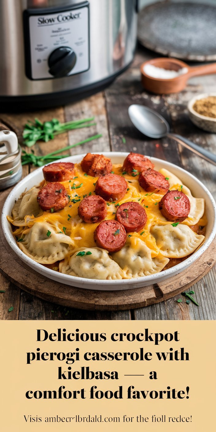 Warm crockpot pierogi casserole with kielbasa served alongside crusty bread.
