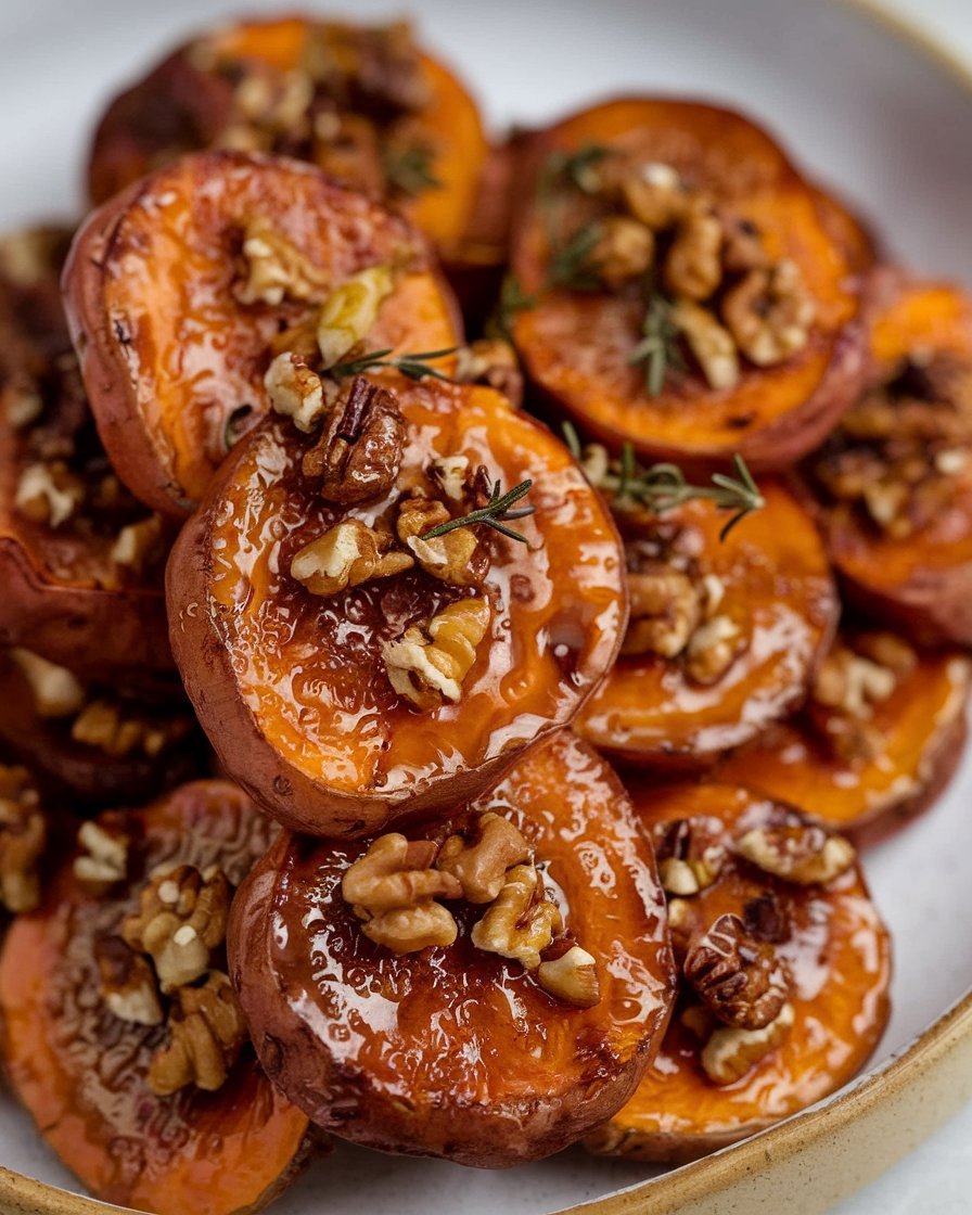 Sweet and savory walnut maple roasted sweet potatoes served with a side of creamy mashed potatoes
