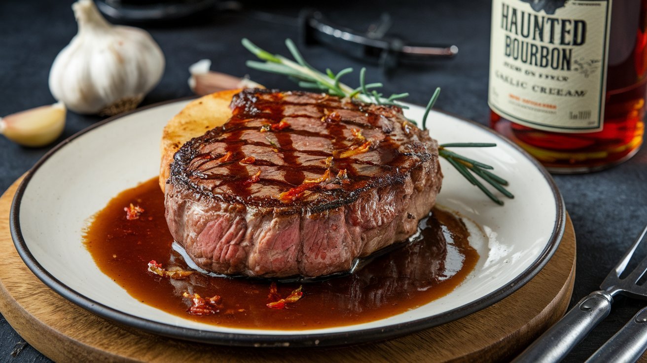 A gourmet dinner setting featuring Steak with Haunted Bourbon Garlic Cream Sauce, paired with mashed potatoes and a glass of red wine for a luxurious meal.