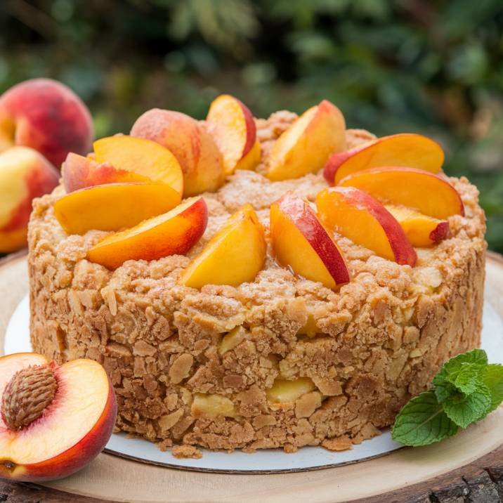 A Photo Of A Summer Peach Cake With A Crumbly Top