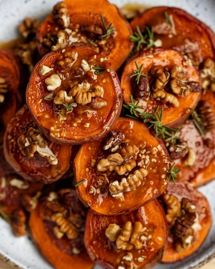 Close-up of walnut maple roasted sweet potatoes showcasing caramelized edges and crunchy walnuts.