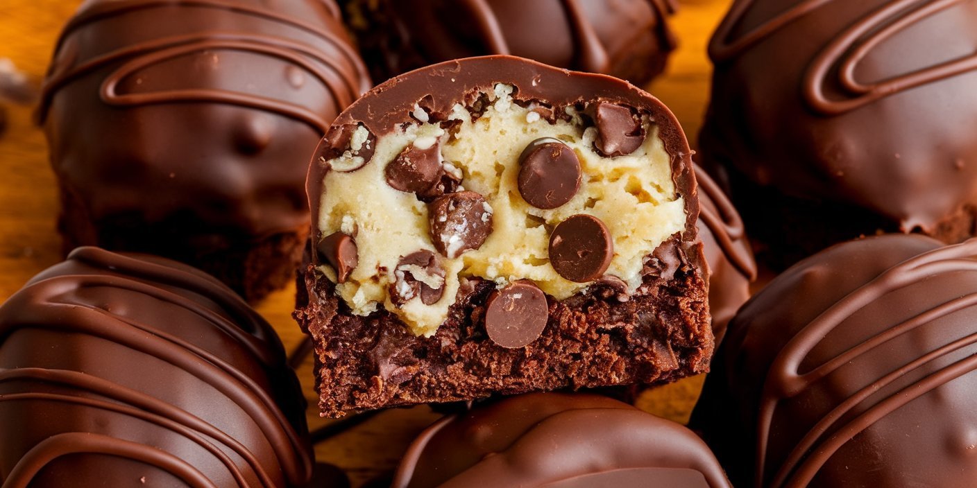 Delicious chocolate chip cookie dough brownie bombs coated in melted chocolate and sprinkled with sea salt.