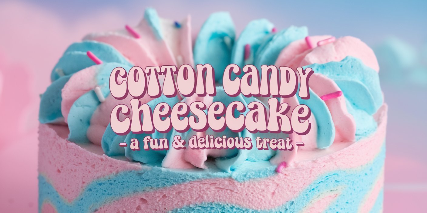 Classic cotton candy cheesecake with layers of creamy filling and a sweet, sugary cotton candy crown
