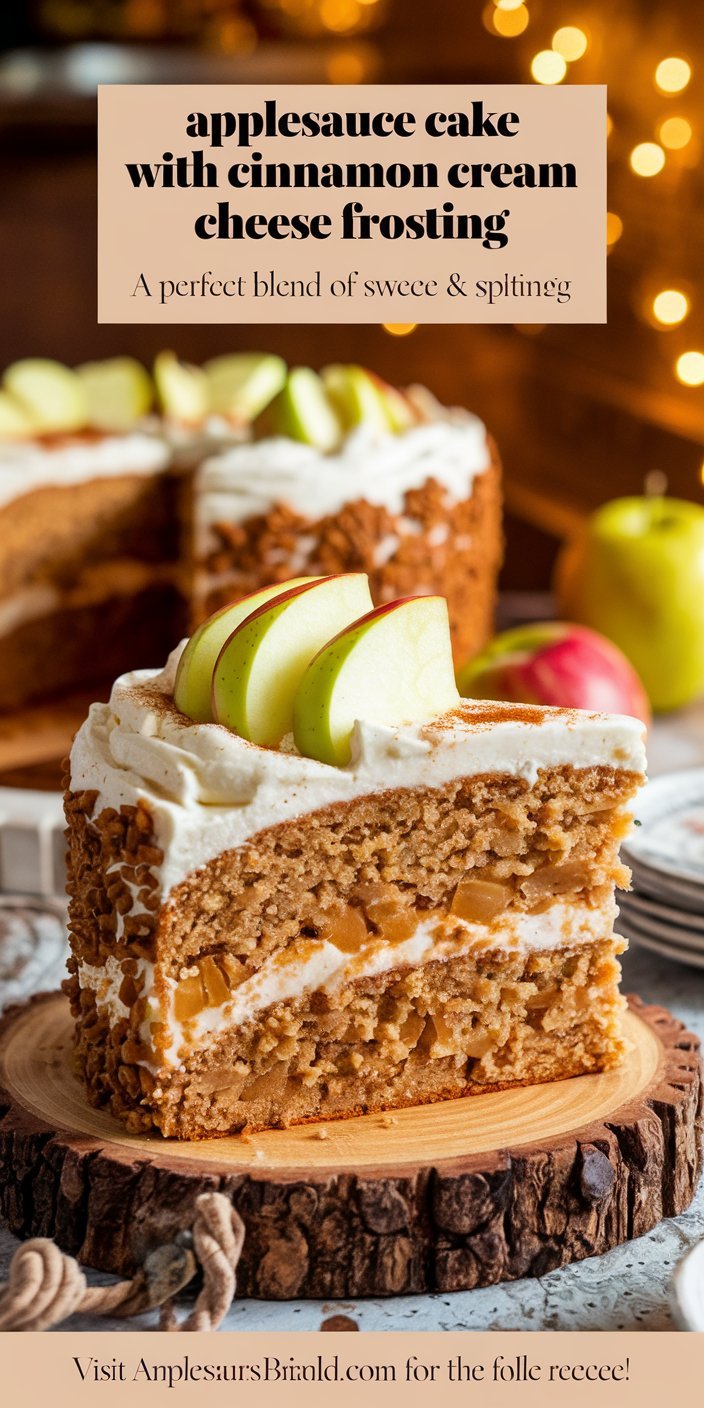 Individual slices of applesauce cake with cinnamon cream cheese frosting plated with caramel drizzle