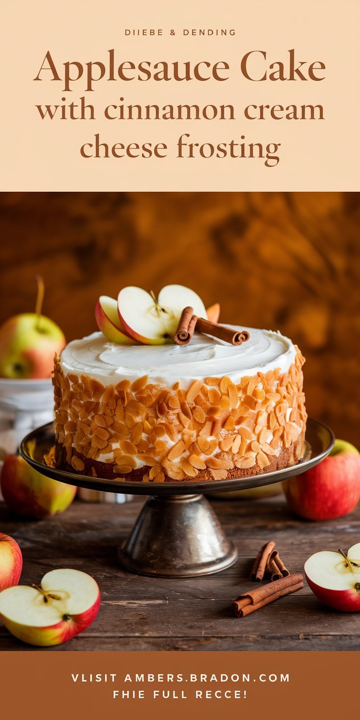 Easy applesauce cake with cinnamon cream cheese frosting garnished with a dusting of powdered sugar.