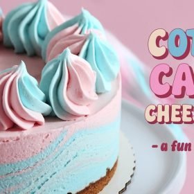 Delicious cotton candy cheesecake topped with colorful cotton candy sprinkles and fresh berries.