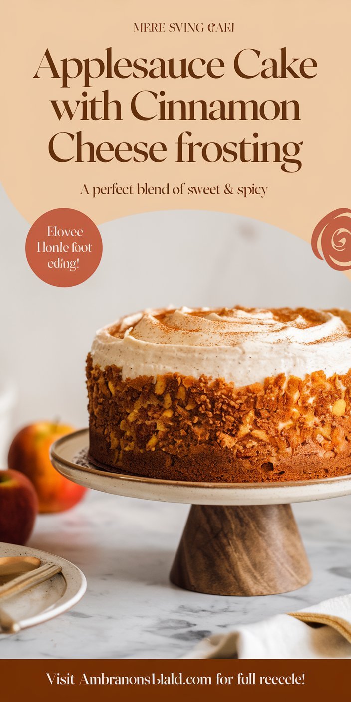 Golden-brown applesauce cake with cinnamon cream cheese frosting, ready to be sliced and served.