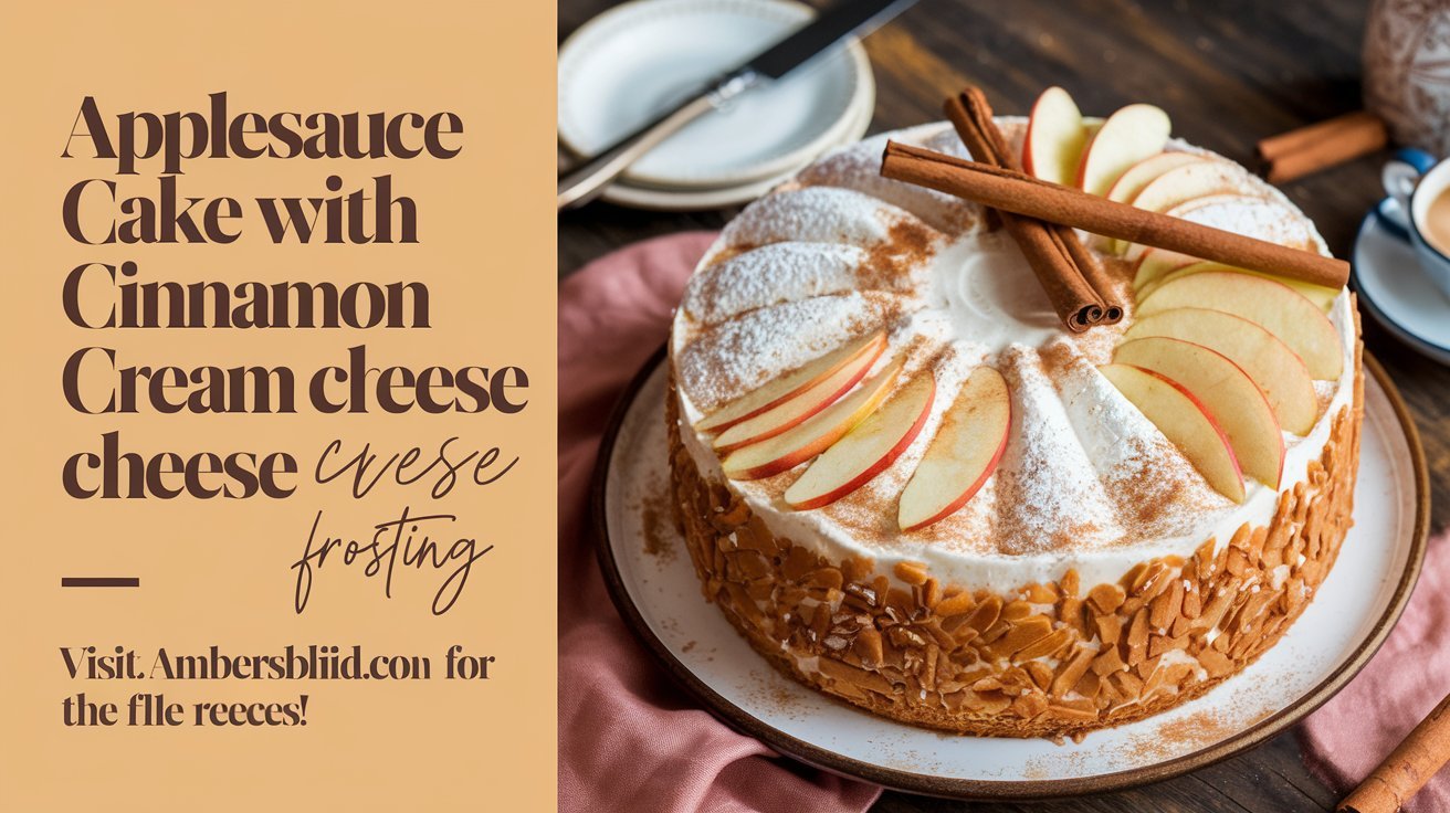 Layered applesauce cake with cinnamon cream cheese frosting topped with chopped pecans