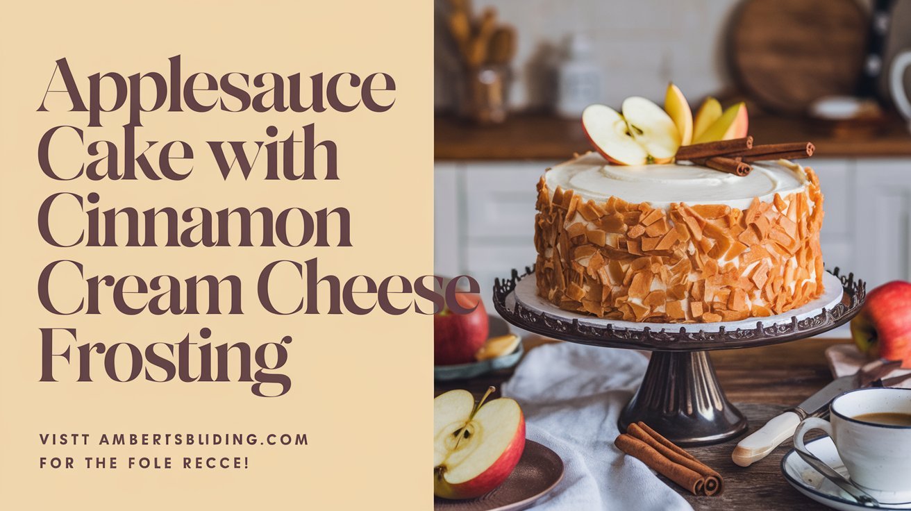 Rustic applesauce cake with cinnamon cream cheese frosting paired with a glass of milk.
