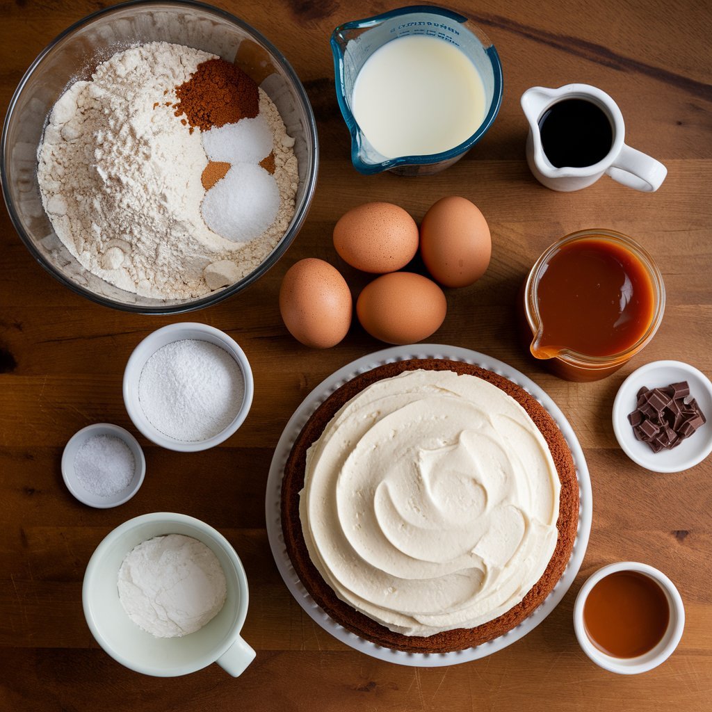 Rich caramel latte cake with velvety coffee buttercream frosting garnished with chocolate shaving
