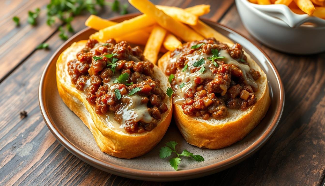A mouthwatering Garlic Bread Sloppy Joes, with savory, juicy ground beef piled high on crispy, buttery garlic bread, garnished with fresh herbs.