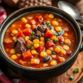 A steaming bowl of Crockpot Cowboy Soup, filled with tender beef, beans, corn, and vegetables, topped with shredded cheese and a sprinkle of fresh herbs.