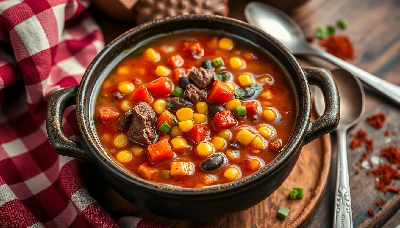 A steaming bowl of Crockpot Cowboy Soup, filled with tender beef, beans, corn, and vegetables, topped with shredded cheese and a sprinkle of fresh herbs.
