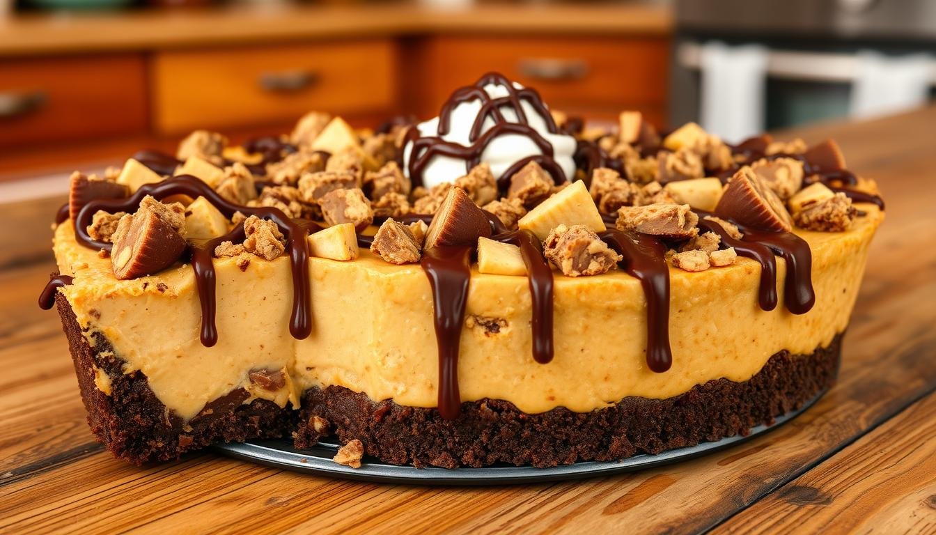 A decadent slice of Reese's Peanut Butter Cup Pie, featuring a creamy peanut butter filling, topped with chunks of Reese's cups and a chocolate drizzle.