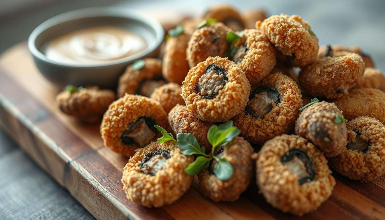 A plate of Crispy Fried Mushrooms with perfectly golden, crunchy coating, served with a side of creamy dipping sauce and garnished with parsley.